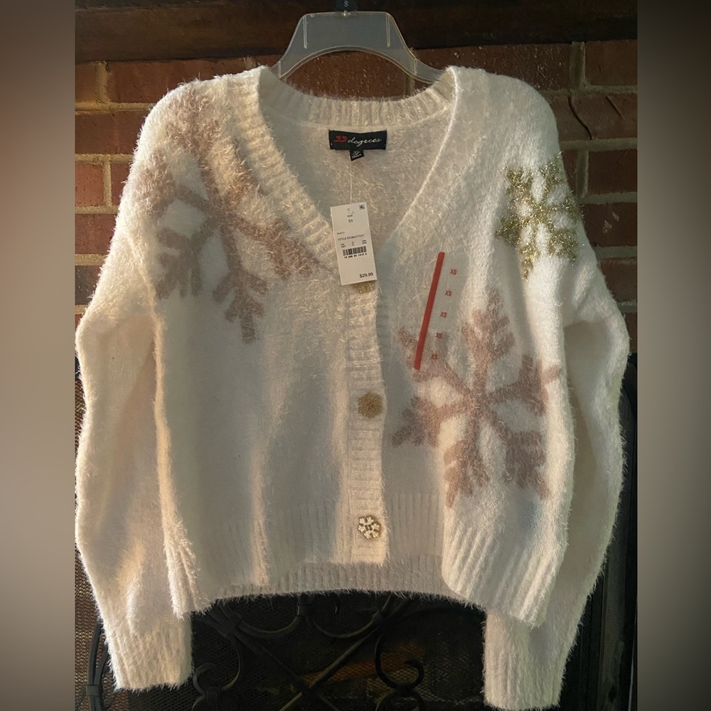 NWT - Fuzzy Christmas Snowflake Cardigan 🎄 Sparkly & Soft Size XS White/Cream
